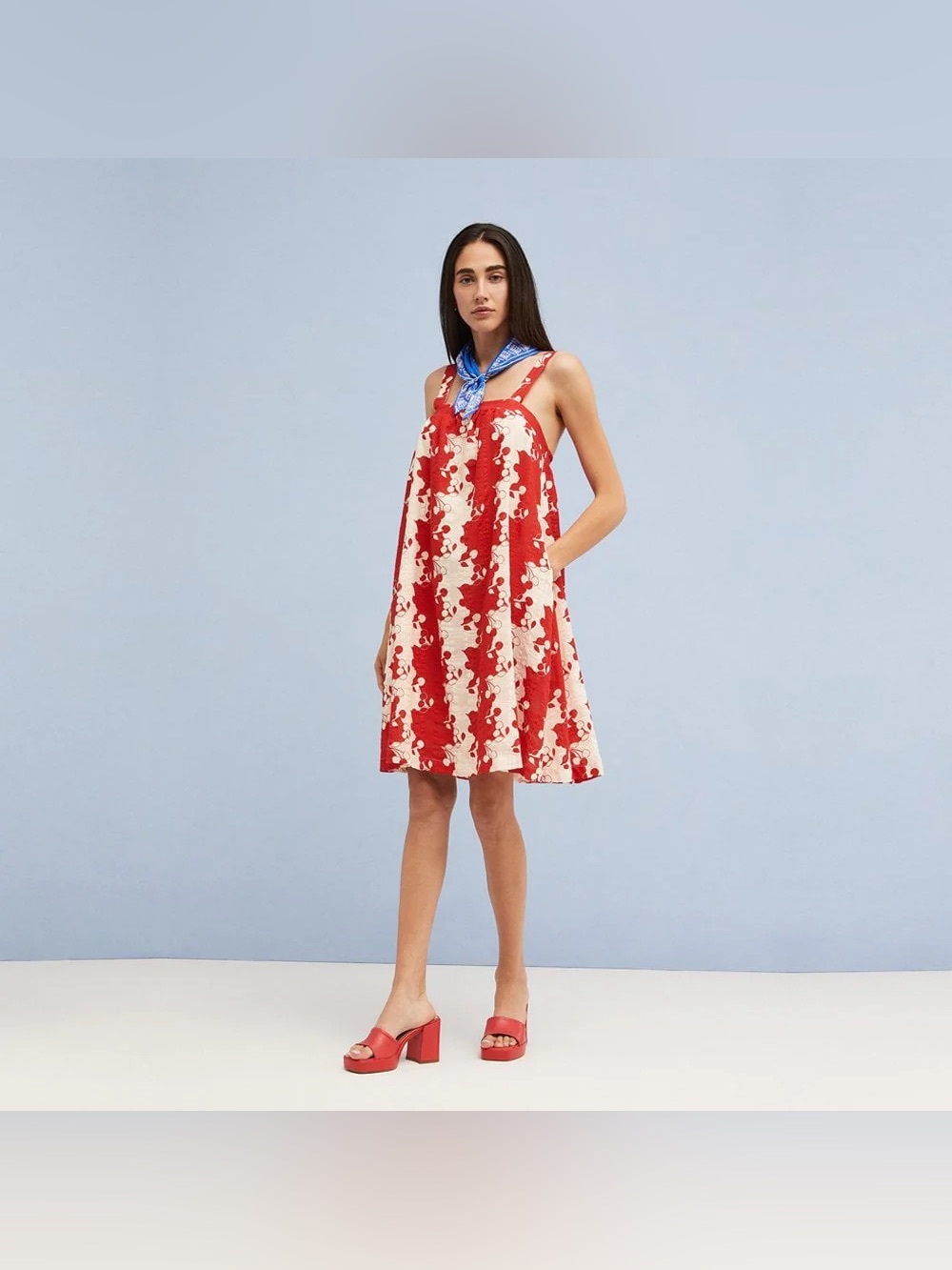 ottod Ame Red and White Floral Cross-Back Sundress